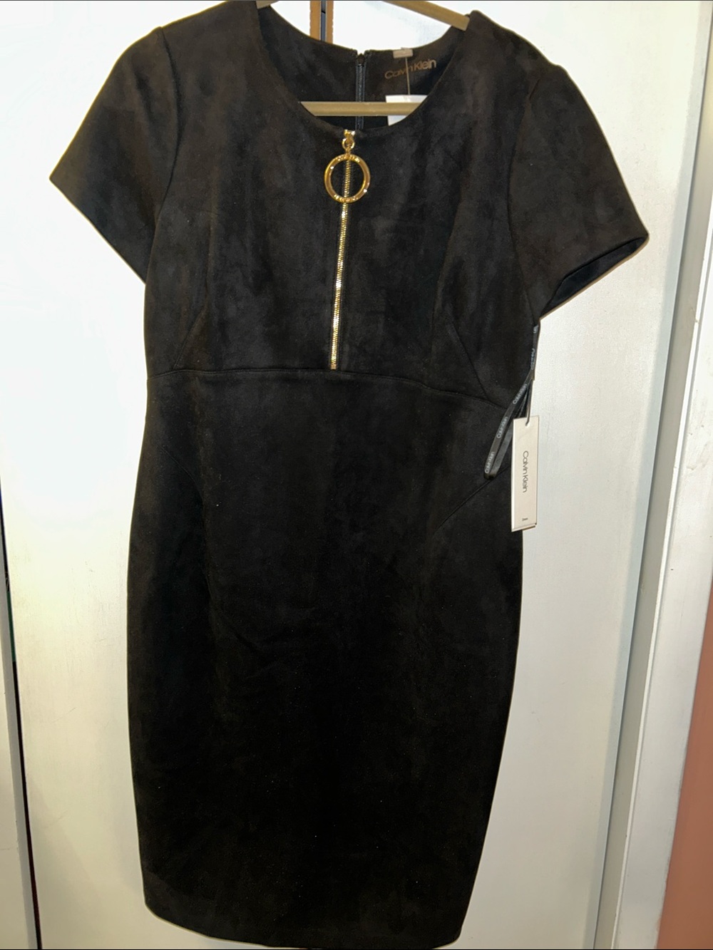 Calvin Klein Black Velvet Short-Sleeve Sheath Dress with Gold O-Ring Zip